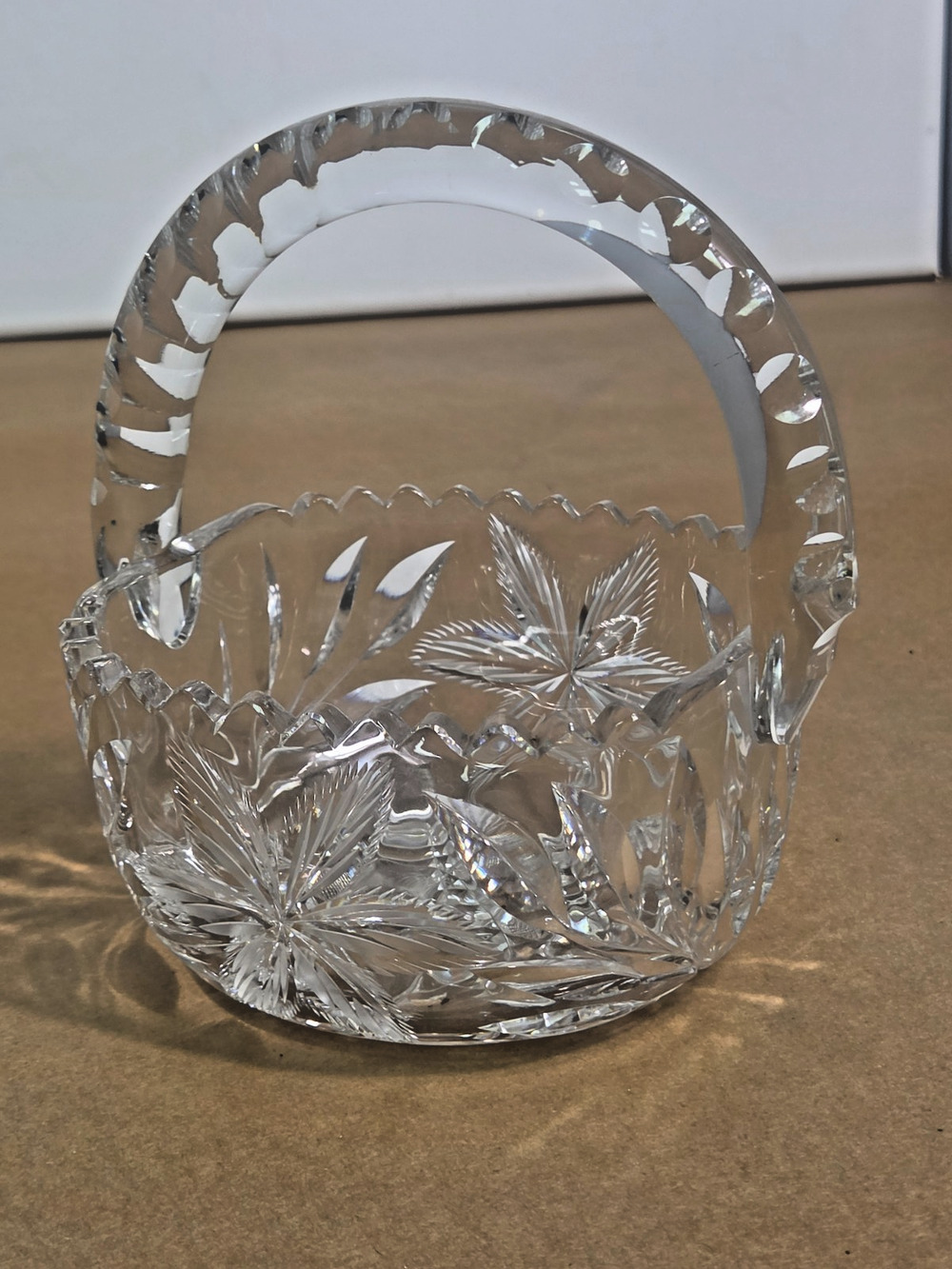 Vintage Hand-Cut Lead Crystal Basket - Bohemian Pinwheel & Leaf Star - 6 Inch